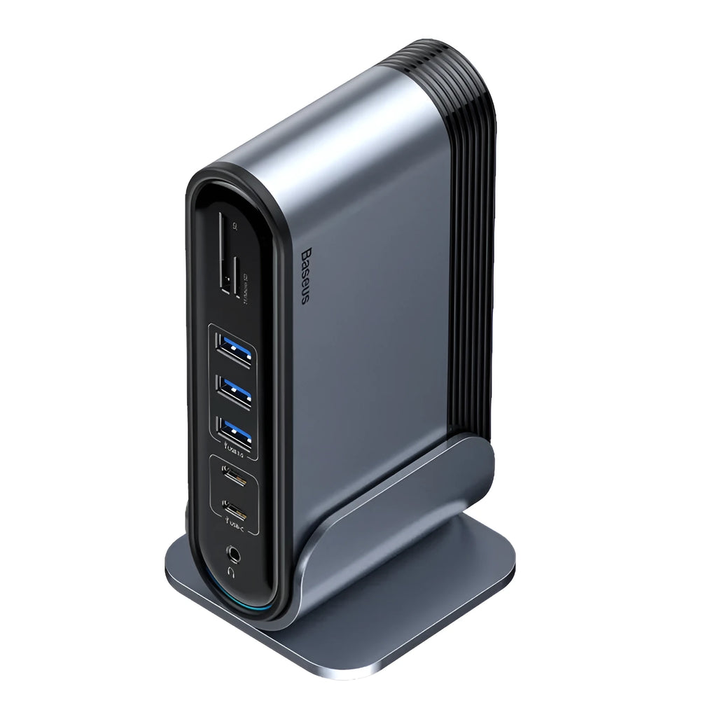 Deep space grey 16-in-1 USB-C docking station with multiple ports and an external power supply.