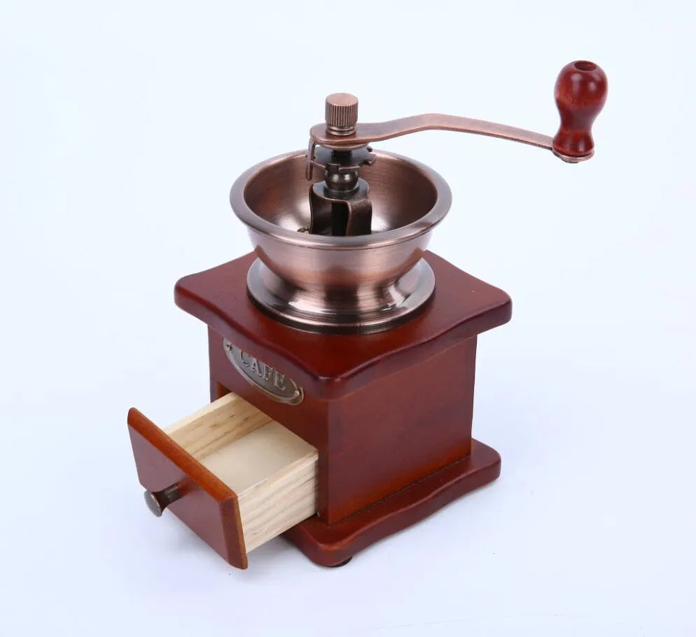 Red hand grinder coffee grinder with ceramic burr, pine wood body and cast iron hardware, 10x10x17cm