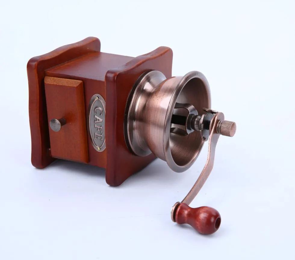 Red hand grinder coffee grinder with ceramic burr, pine wood body and cast iron hardware, 10x10x17cm