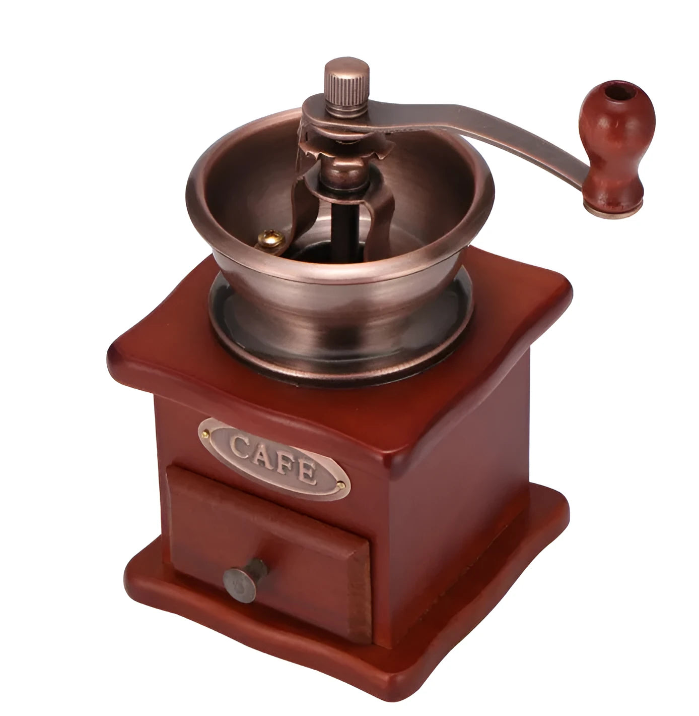 Red hand grinder coffee grinder with ceramic burr, pine wood body and cast iron hardware, 10x10x17cm
