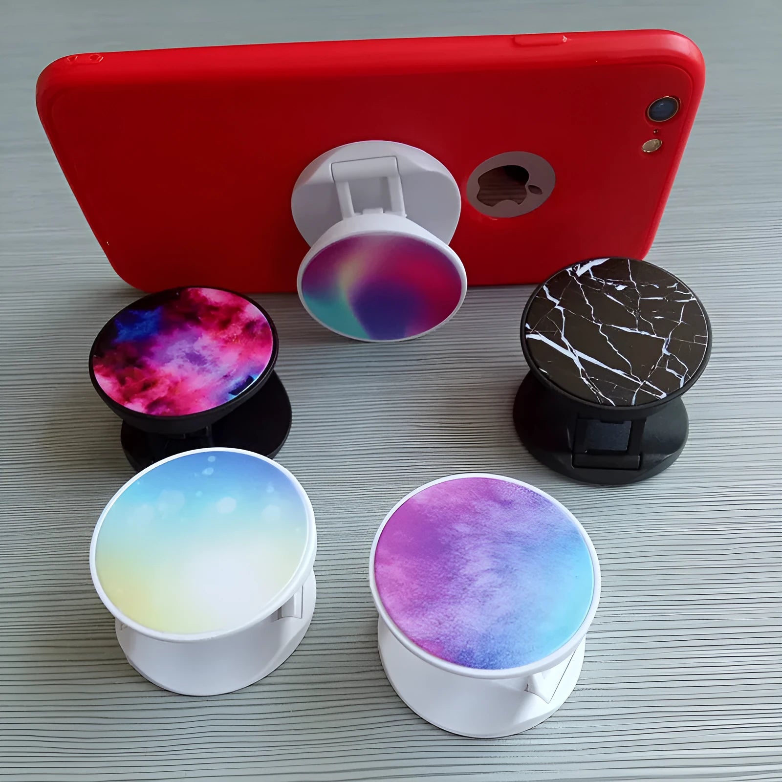 Folding mobile phone holder showing colour and style options including thermal transfer aluminium sheet version