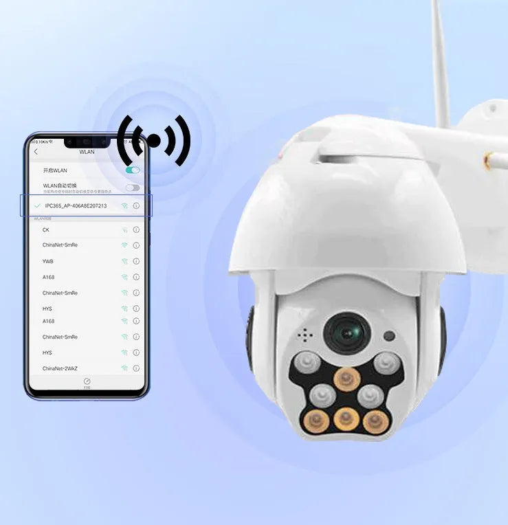 1080P wireless dome camera with 360-degree PTZ, infrared night vision, and motion detection for outdoor surveillance