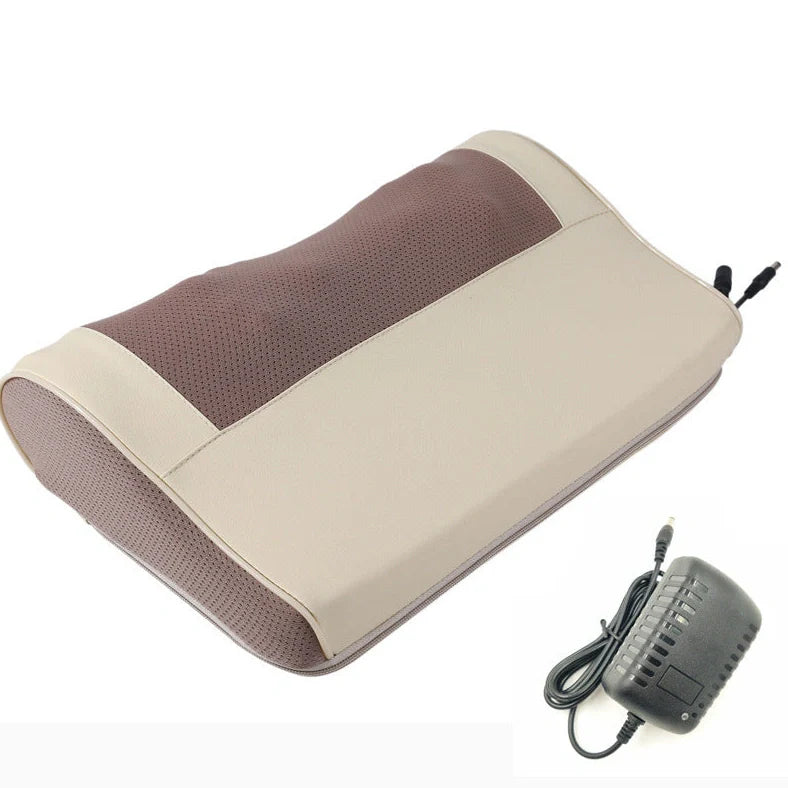 White cervical massage pillow showing 8 circular kneading heads with infrared heating elements, measuring 43.5cm long