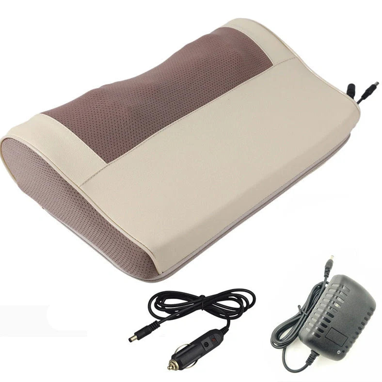 White cervical massage pillow showing 8 circular kneading heads with infrared heating elements, measuring 43.5cm long