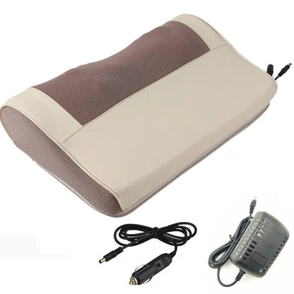 White cervical massage pillow showing 8 circular kneading heads with infrared heating elements, measuring 43.5cm long