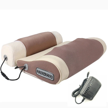 White cervical massage pillow showing 8 circular kneading heads with infrared heating elements, measuring 43.5cm long