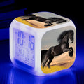 Square creative alarm clock with colour changing LED display showing time and temperature