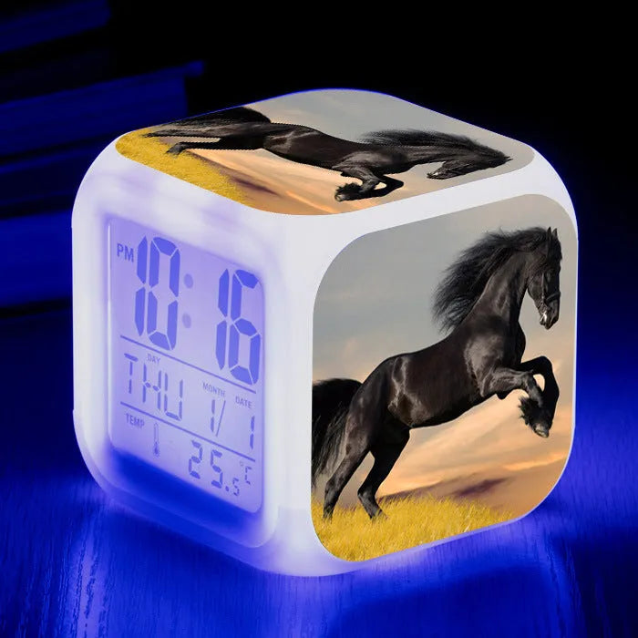 Square creative alarm clock with colour changing LED display showing time and temperature