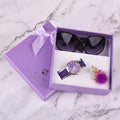 Women's 3-piece gift set with round quartz watch, sunglasses, and corsage in purple