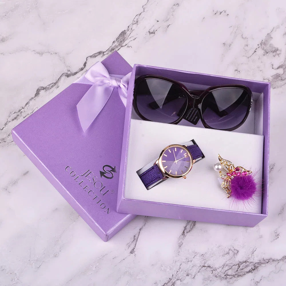 Women's 3-piece gift set with round quartz watch, sunglasses, and corsage in purple