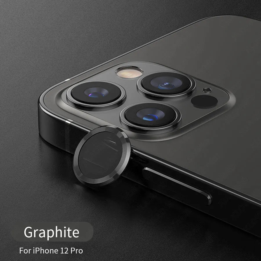 Hawk Eye tempered glass camera lens protector film for iPhone models in silver, blue, and black colours.