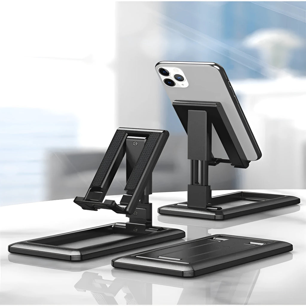 Retractable folding mobile phone stand in black, green, pink or white with adjustable height mechanism