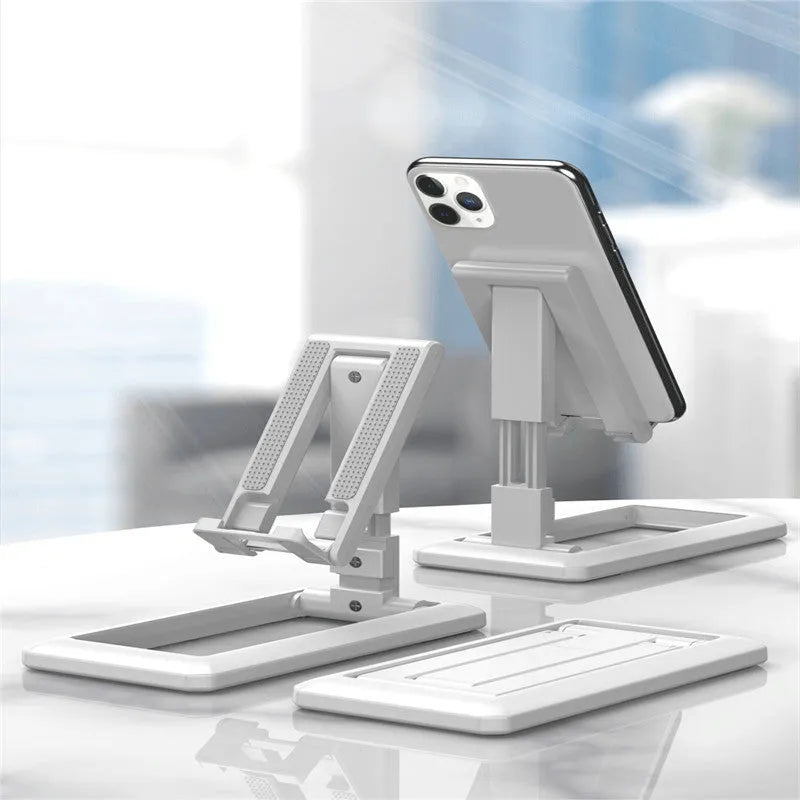 Retractable folding mobile phone stand in black, green, pink or white with adjustable height mechanism