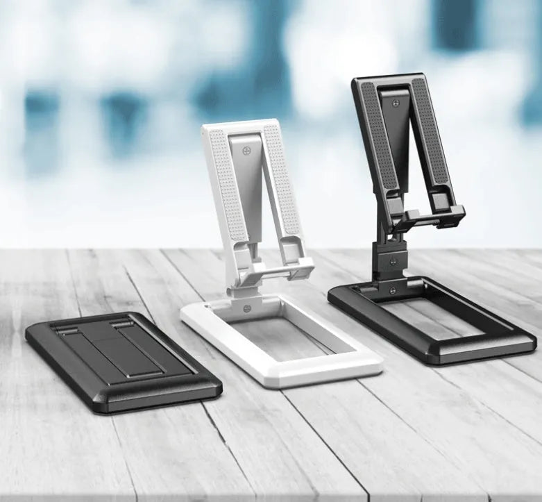 Retractable folding mobile phone stand in black, green, pink or white with adjustable height mechanism
