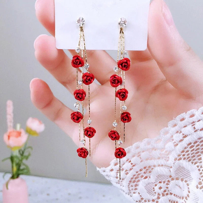 Wild Red Rose Rhinestone Tassel Earrings with 85mm drop length and sparkling accents