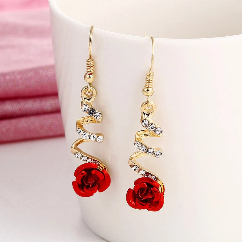Wild Red Rose Rhinestone Tassel Earrings with 85mm drop length and sparkling accents