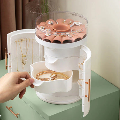 5-Level Rotating Jewellery Box with Transparent Cover, Customisable Tray, and Convenient Carry Handle