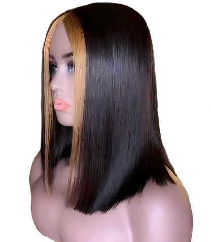 Short straight human hair wig with lace front and long bangs in photo color, hand-woven for natural fit, 30-35cm length