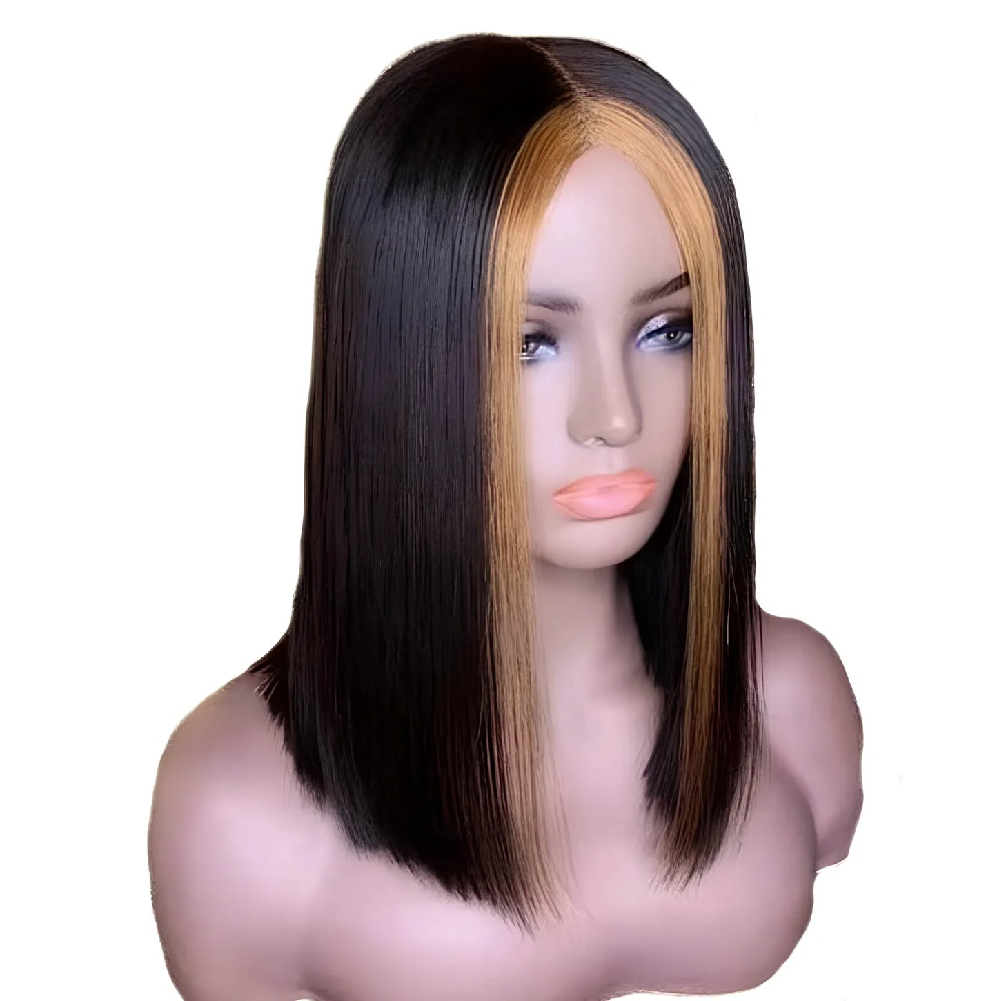 Short straight human hair wig with lace front and long bangs in photo color, hand-woven for natural fit, 30-35cm length