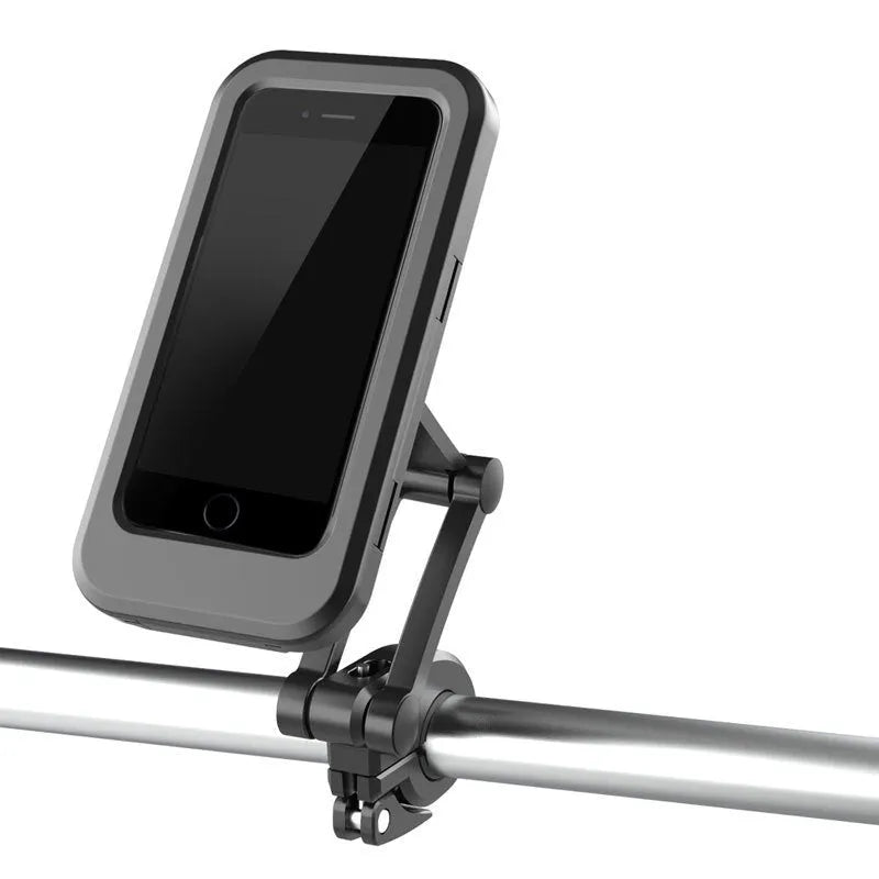 Black adjustable waterproof bicycle phone mount on a handlebar, showing three joints and magnetic phone attachment.