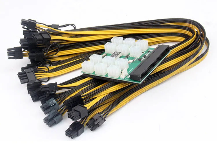 Server power conversion board to 6-pin PCIe adapter with twelve 50cm 8-pin graphics card power cables.