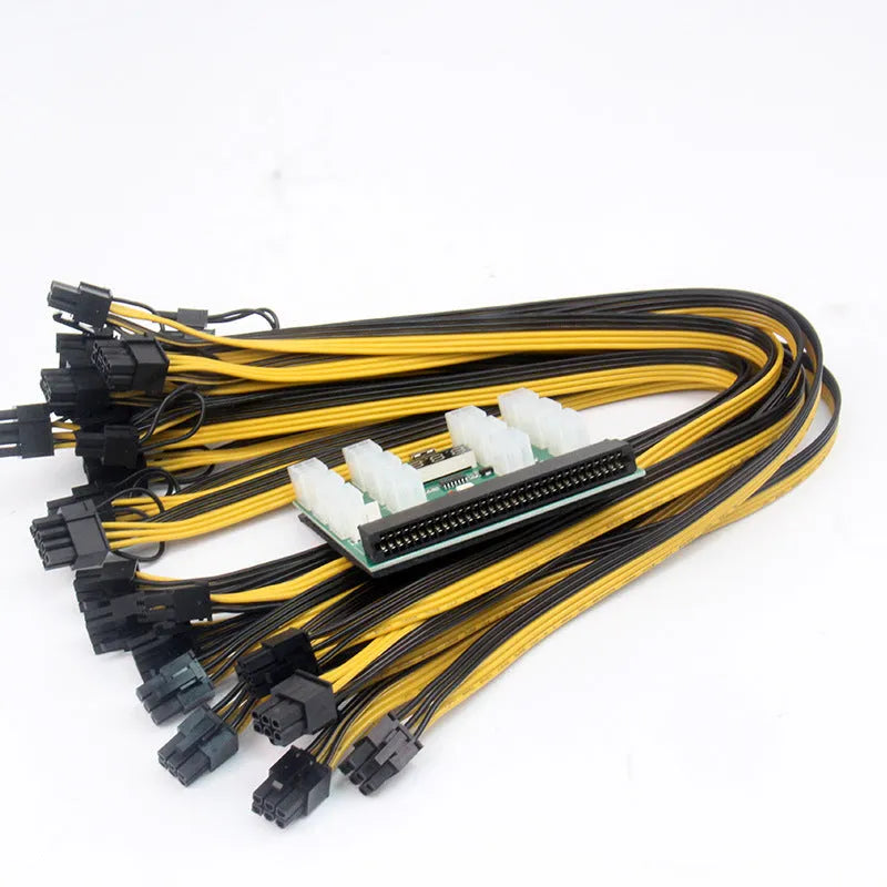 Server power conversion board to 6-pin PCIe adapter with twelve 50cm 8-pin graphics card power cables.