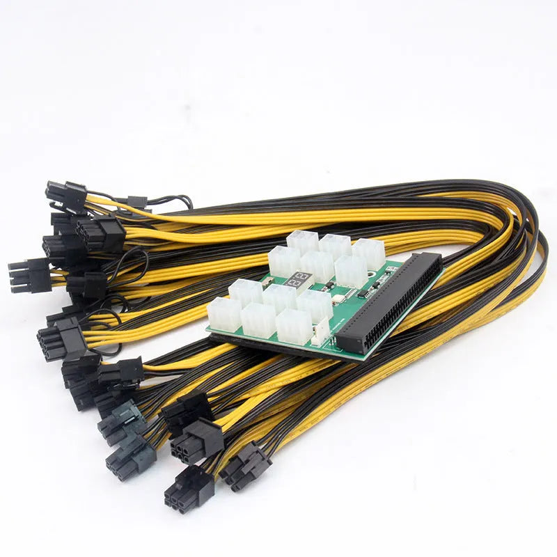 Server power conversion board to 6-pin PCIe adapter with twelve 50cm 8-pin graphics card power cables.