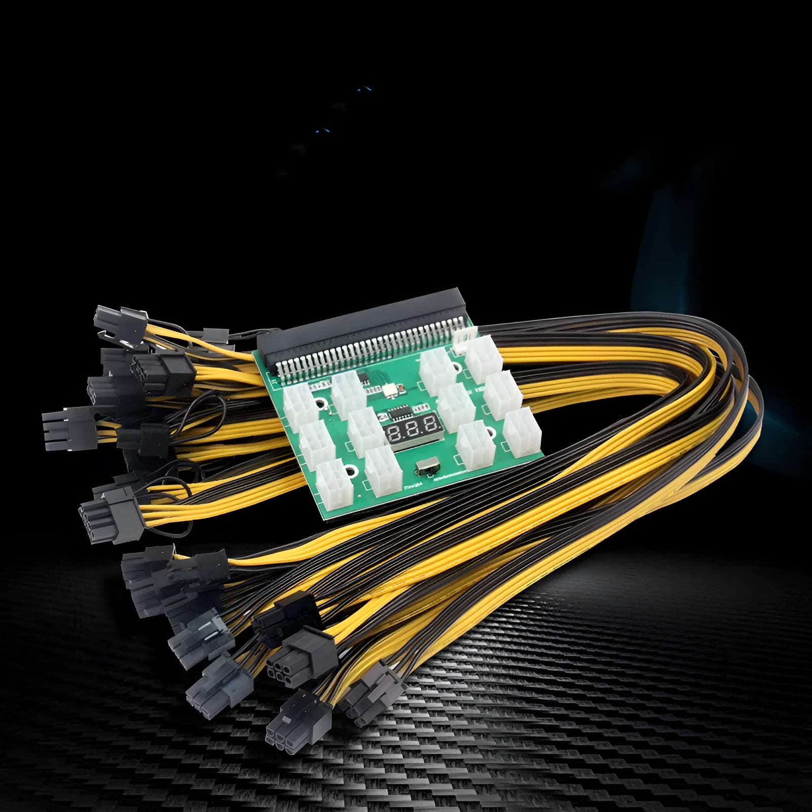 Server power conversion board to 6-pin PCIe adapter with twelve 50cm 8-pin graphics card power cables.
