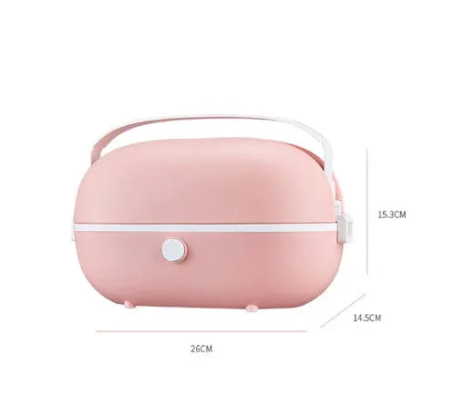 Green portable electric lunch box with stainless steel tank showing capacity markings