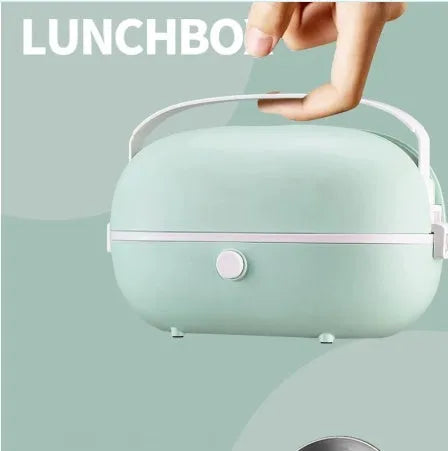 Green portable electric lunch box with stainless steel tank showing capacity markings