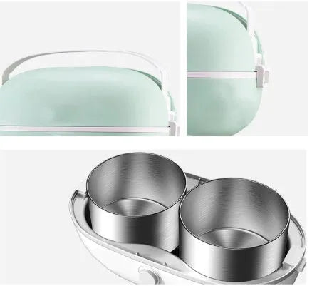 Green portable electric lunch box with stainless steel tank showing capacity markings