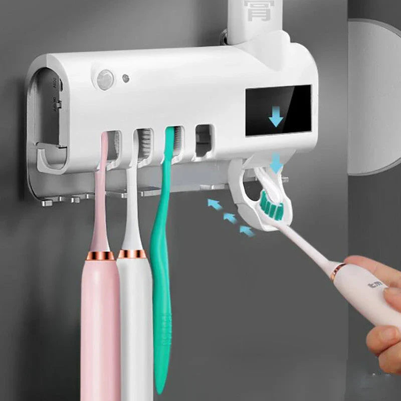 Automatic UV Toothbrush Sanitizer and Hands-Free Toothpaste Dispenser with Sleek, Stylish Design