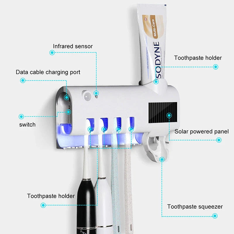 Automatic UV Toothbrush Sanitizer and Hands-Free Toothpaste Dispenser with Sleek, Stylish Design