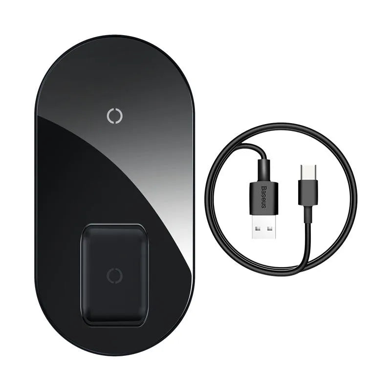 Baseus minimalist 2-in-1 wireless charger and power bank in black, transparent, or white.