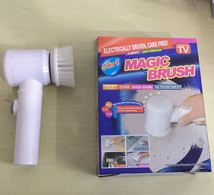White electric cleaning brush with three interchangeable brush heads for household surfaces