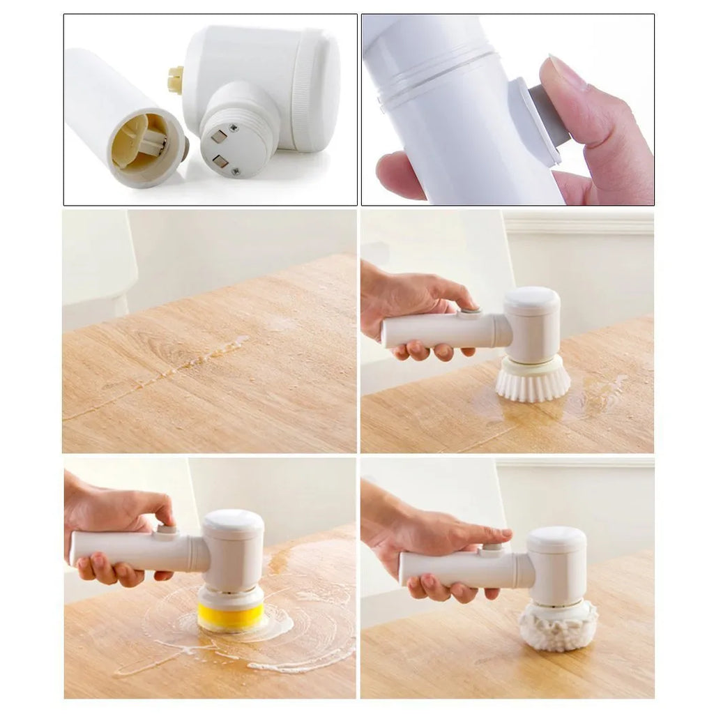 White electric cleaning brush with three interchangeable brush heads for household surfaces
