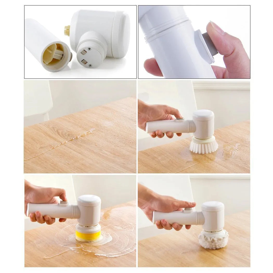 White electric cleaning brush with three interchangeable brush heads for household surfaces