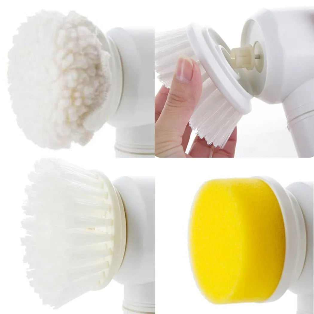 White electric cleaning brush with three interchangeable brush heads for household surfaces