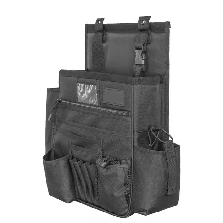 Black 600D Oxford cloth car seat back storage bag with pockets measuring 55x37cm