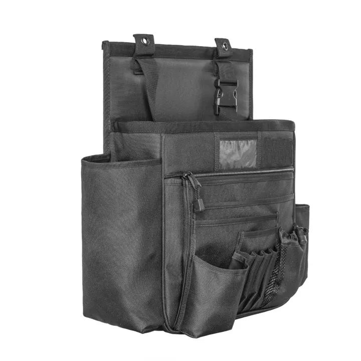 Black 600D Oxford cloth car seat back storage bag with pockets measuring 55x37cm