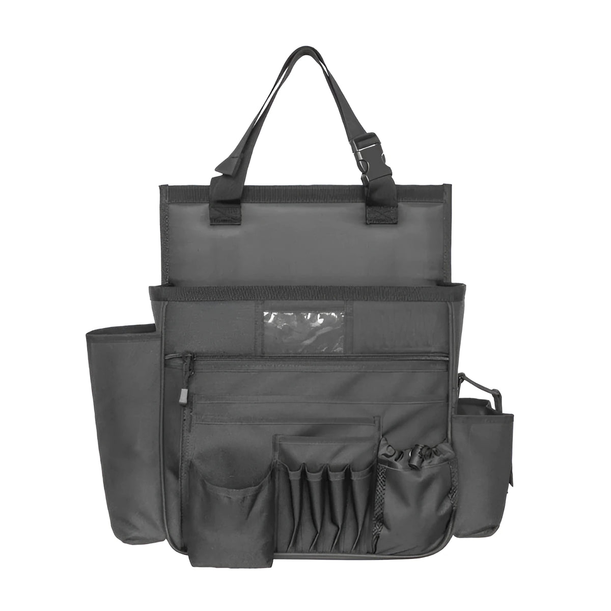 Black 600D Oxford cloth car seat back storage bag with pockets measuring 55x37cm