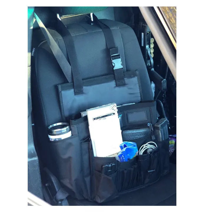 Black 600D Oxford cloth car seat back storage bag with pockets measuring 55x37cm