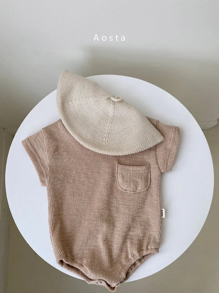 Baby romper summer cotton short sleeve solid colour pullover with triangle bag fart detail, loose fit, beige colour