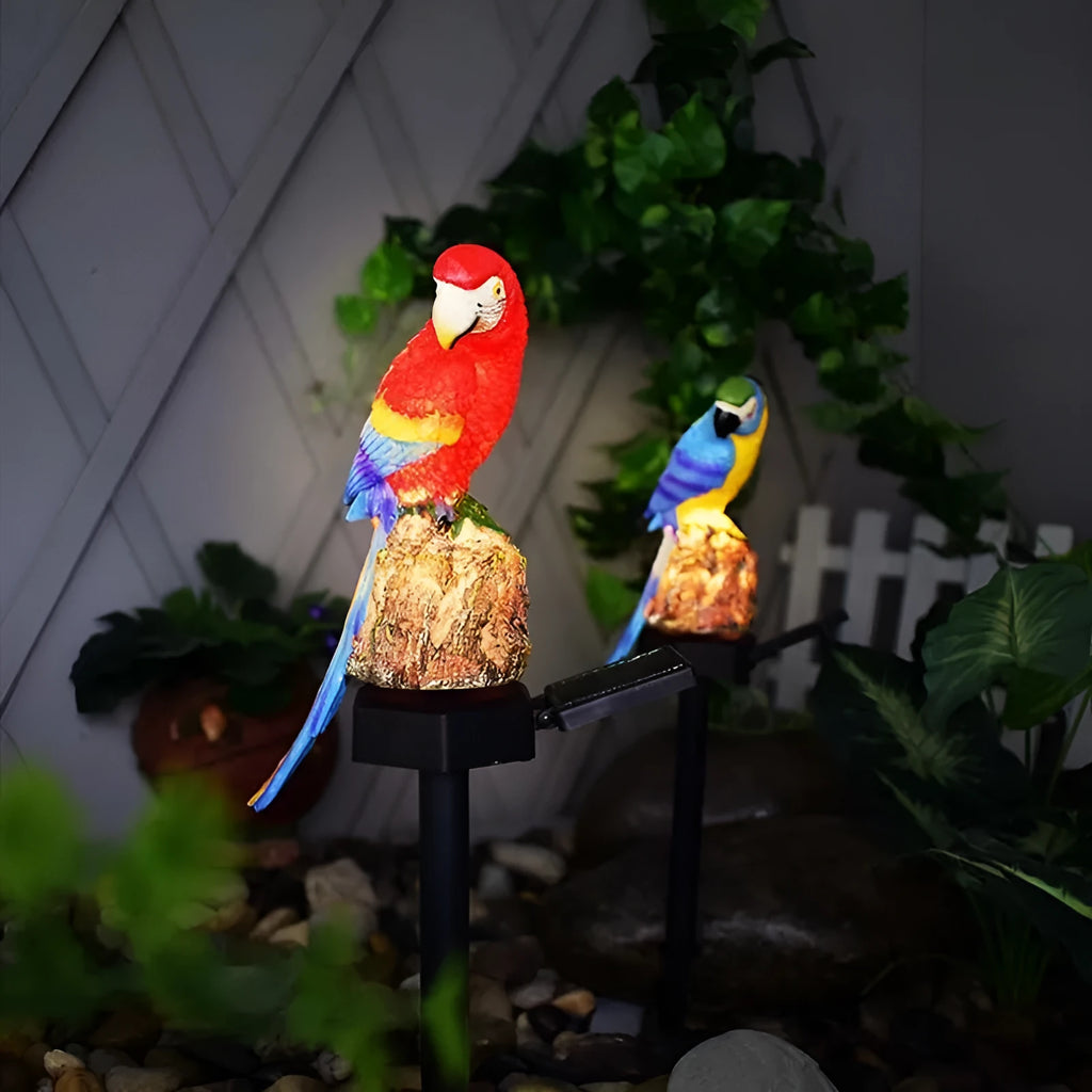 Hand-painted resin parrot solar light with LED glow for garden decoration, available in red blue yellow