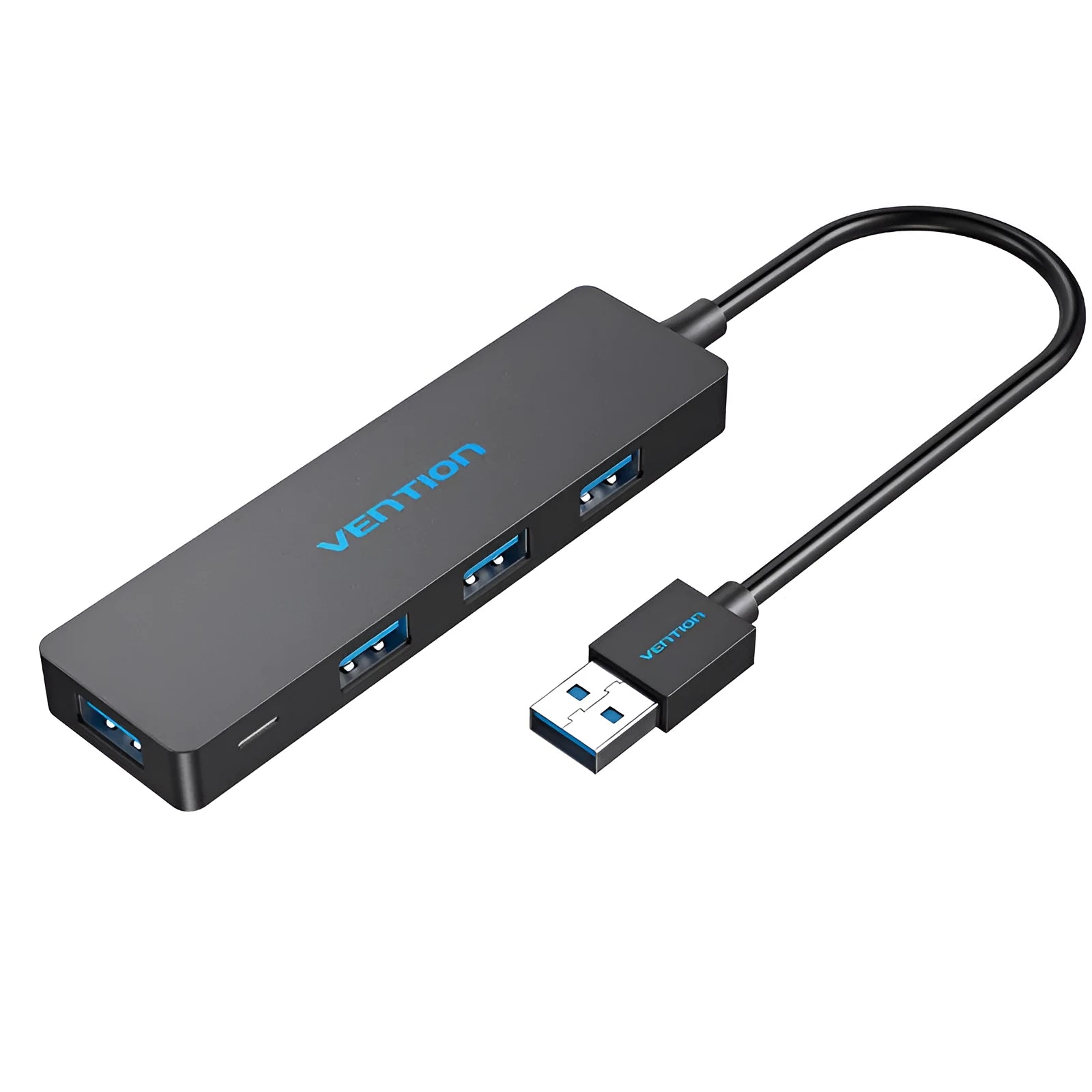 Black four-port USB 3.0 hub with a short cable on a white background.