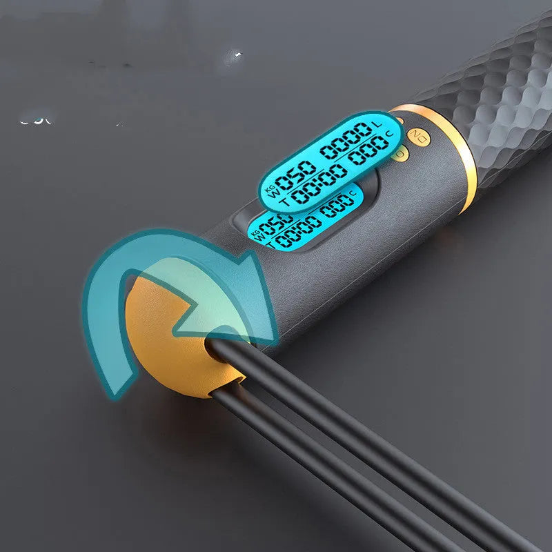 Intelligent counting skipping rope with black yellow ABS handles and load-bearing balls on a wooden floor