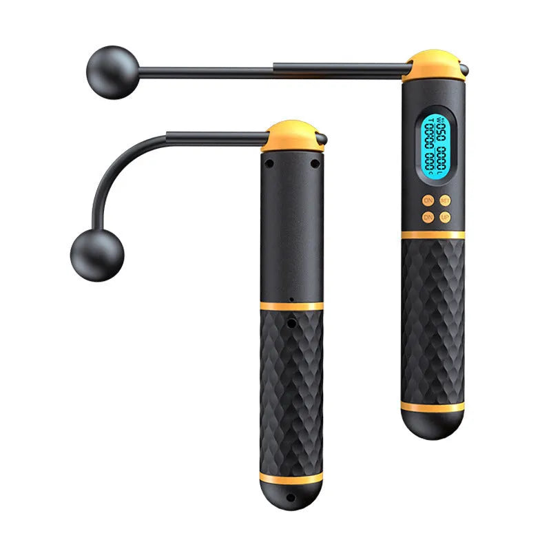 Intelligent counting skipping rope with black yellow ABS handles and load-bearing balls on a wooden floor