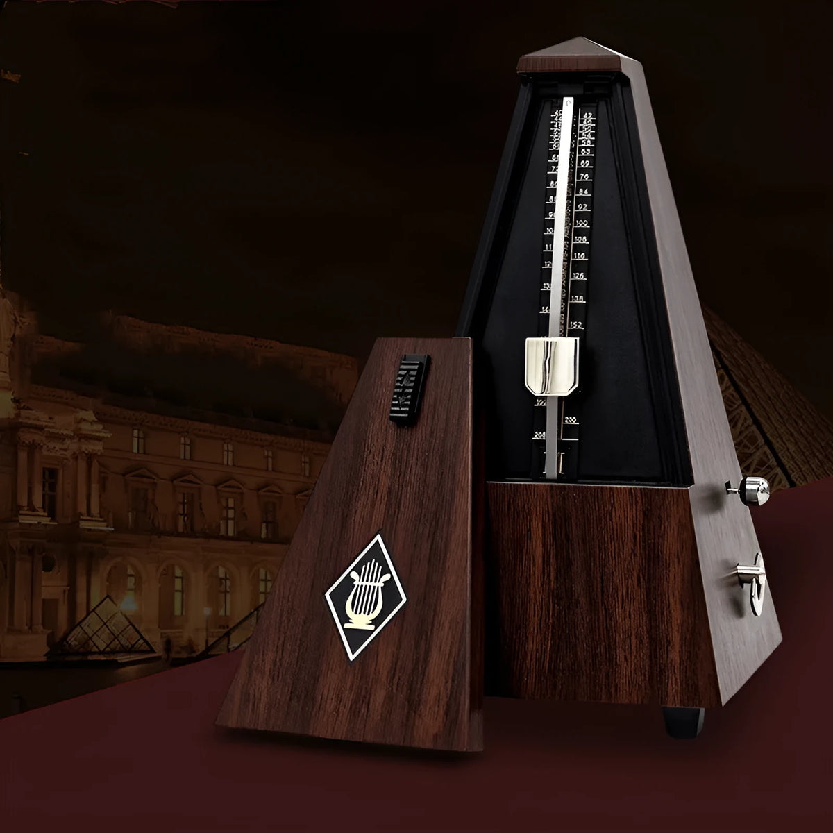Tower metronome with PPS tempered plastic imitation wood grain body in mahogany colour