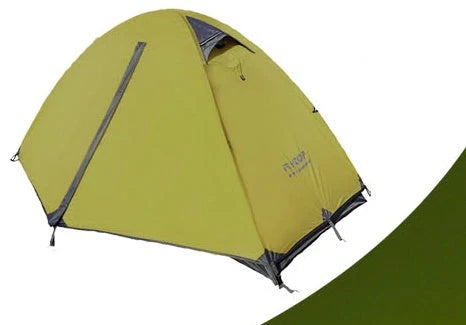 Double layer rainproof camping tent in green, orange, and blue for outdoor adventures