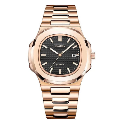 Men's waterproof quartz watch with stainless steel strap and luminous display